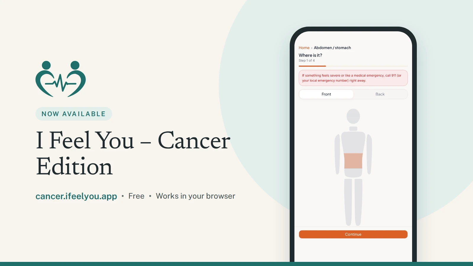 The I Feel You icon and the words “I Feel You – Cancer Edition, now available,” beside a phone showing the app’s body map